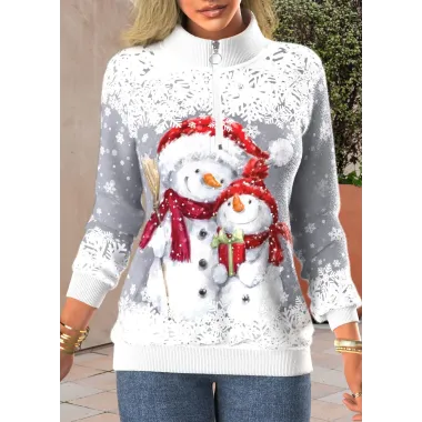 Women's Christmas Snowman Print Zipper Stand Collar Sweatshirt