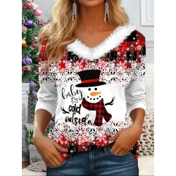 Women\'s Christmas Snowman Print Long Sleeve V-Neck Top