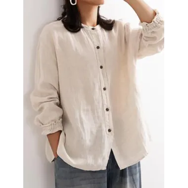 Women's Vintage Cotton And Linen Button-down Crew Neck Shirt