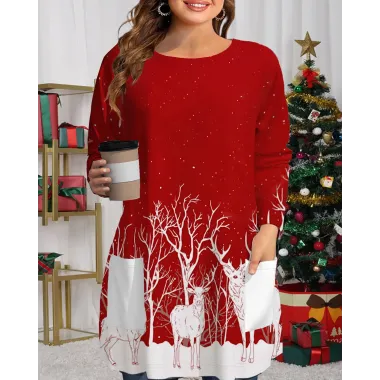 Women's Loose Round Neck Long Sleeve T-Shirt With Pockets Christmas Top