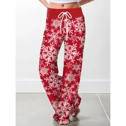 Women\'s Christmas Snowflake Print High Waisted Wide Leg Pants Casual Home Pants