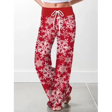 Women's Christmas Snowflake Print High Waisted Wide Leg Pants Casual Home Pants