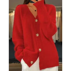 Women\'s Solid Color V-neck Knitted Cardigan Jacquard Sweater Jacket