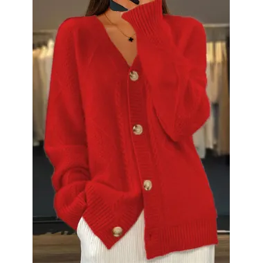 Women's Solid Color V-neck Knitted Cardigan Jacquard Sweater Jacket