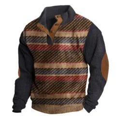 Men\'s Outdoor Retro Stripes Corduroy Henley Neck Sweatshirt Thickened Tactical Top