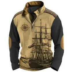 Men\'s Retro Nautical Sailing Compass Print Zipper Stand Collar Sweatshirt Christmas Holiday Tops Khaki Gray Black