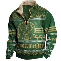 Men\'s Vintage Jägermeister Christmas Print Half-Zip Stand Collar Sweatshirt