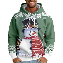 Men\'s Christmas Snowman Print Casual Pocket Hooded Sweatshirt