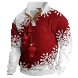 Men\'s Sweatshirt Christmas Snow Stand Collar Buttons Daily Tops Red