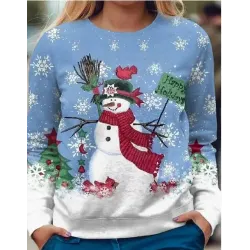 Women\'s Retro Snowman Print Neck Crew Sweatshirt Blue