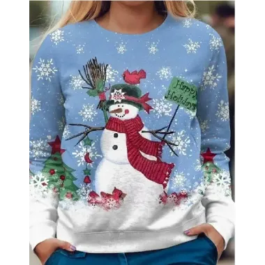 Women's Retro Snowman Print Neck Crew Sweatshirt Blue