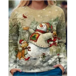 Women\'s Retro Snowman Print Round Neck Christmas Sweatshirt