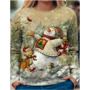 Women's Retro Snowman Print Round Neck Christmas Sweatshirt