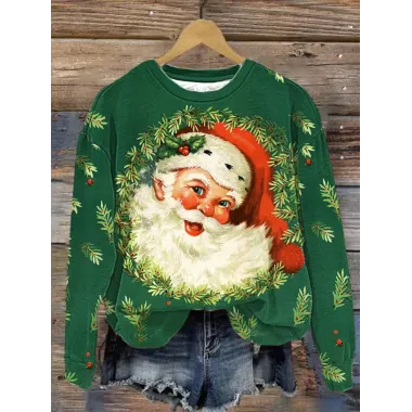 Women's Santa Claus Printed Round Neck Christmas Sweatshirt