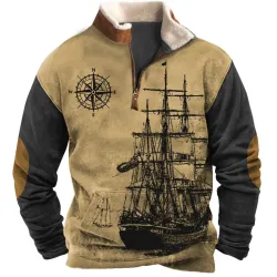 Men\'s Sweatshirt Quarter Zip Nautical Sailing Compass Plush Collar Vintage Daily Tops