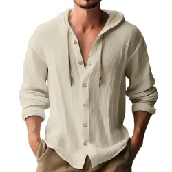 Men\'s Solid Color Cotton And Linen Hooded Button-down Long-sleeved Shirt