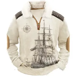 Men Retro Nautical Sailing Compass Sweater 1/4 Zip Stand Fleece Collar Thick Sweatshirt