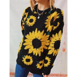 Women\'s Sunflower Jacquard Round Neck Long Sleeve Knitted Pullover Sweater