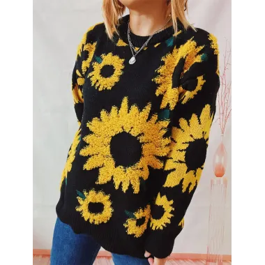 Women's Sunflower Jacquard Round Neck Long Sleeve Knitted Pullover Sweater