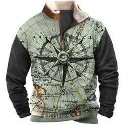 Men\'s Sweatshirt Quarter Zip Nautical Map Compass Plush Collar Vintage Daily Tops