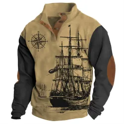 Men\'s Sweatshirt Vintage Nautical Sailing Compass Stand Collar Buttons Colorblock Daily Tops