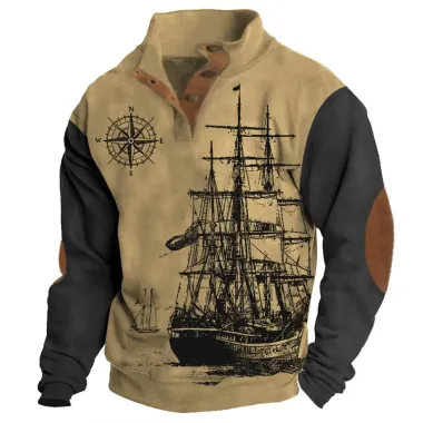 Men's Sweatshirt Vintage Nautical Sailing Compass Stand Collar Buttons Colorblock Daily Tops