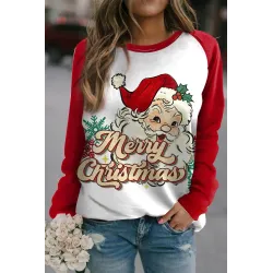 Women\'s Christmas Santa Claus Print Contrast Color Round Neck Sweatshirt