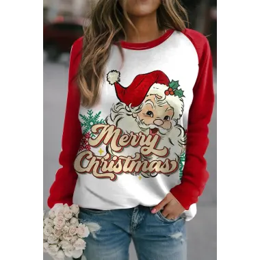 Women's Christmas Santa Claus Print Contrast Color Round Neck Sweatshirt