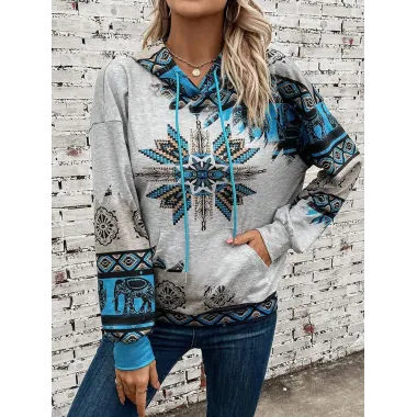 Women's Western Ethnic Print Color Block Hooded Sweatshirt