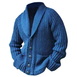 Men Shawl Collar Sweater Coat Cable Knitted Button Down Slim Fit Plain Cardigans Tops