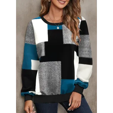 Women's Retro Geometric Picture Color Block Print Daily Vacation Round Neck Casual Sweater