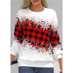 Women\'s Retro Plaid Gradient Print Christmas Vacation Round Neck Casual Sweater