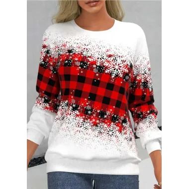 Women's Retro Plaid Gradient Print Christmas Vacation Round Neck Casual Sweater