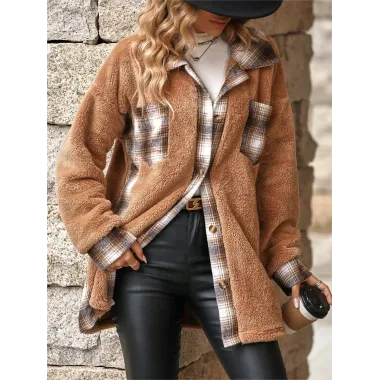 Women's Plaid Patchwork Fleece Pocket Buttoned Mid-length Lapel Jacket