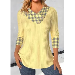 Women\'s Plaid Patchwork V-neck Knitted Pit Top