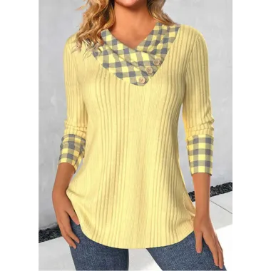 Women's Plaid Patchwork V-neck Knitted Pit Top