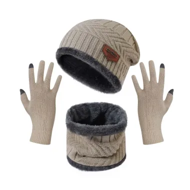 Winter Warm Fleece Hat Scarf Scarf Solid Color Touch Screen Gloves Three-piece Set