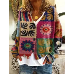 Women\'s Geometric Floral Color Print V-Neck Fleece Knitted Cardigan