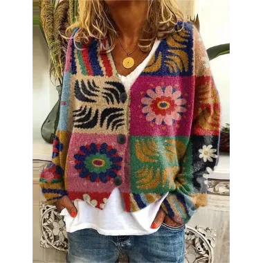 Women's Geometric Floral Color Print V-Neck Fleece Knitted Cardigan