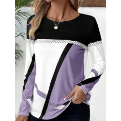 Women\'s Casual Geometric Color Block Casual Long Sleeve Top