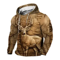 Men\'s Retro Outdoor 3D Engraved Deer Hunting Print Hooded Sweatshirt