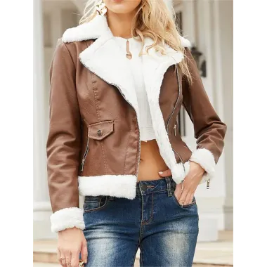 Women's Fleece Warm Long Sleeve Lapel Leather Jacket