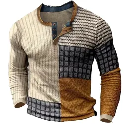 Men\'s Henley T-Shirt Vintage 3D Print Color Block Festival Holiday Plaid Striped Outdoor Long Sleeve Top