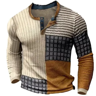 Men's Henley T-Shirt Vintage 3D Print Color Block Festival Holiday Plaid Striped Outdoor Long Sleeve Top