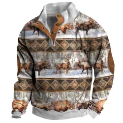 Men\'s Retro Color Block Half Open Collar Ethnic Moose Print Sweatshirt