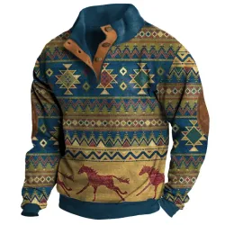 Men\'s Retro Colorblock Half-open Collar Ethnic Print Sweatshirt