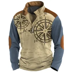 Men\'s Sweatshirt Quarter Zip Nautical Map Compass Vintage Daily Tops