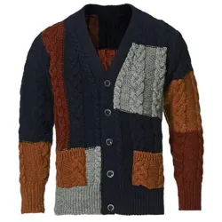 Men\'s Cardigan Patchwork Stripe Sweater Slim Fit Cable Knitted Button Up Heavyweight Knitwear Jackets