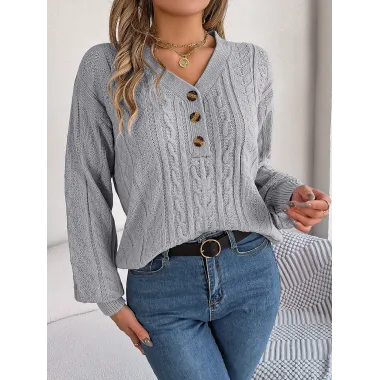 Women's Retro Jacquard Knitted Button V-Neck Balloon Sleeve Sweater