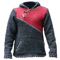 Men\'s Fashion Contrast Stitching Color Blocking Knitting Sweater Long-sleeved Hooded Sweater Coat